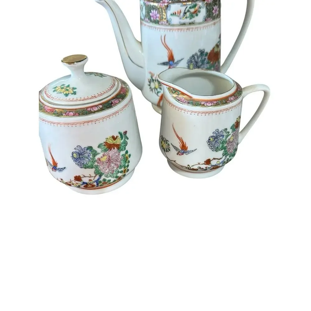 Vintage Chinese Porcelain Painting Tea Set, Hand Painted Birds & Flowers,